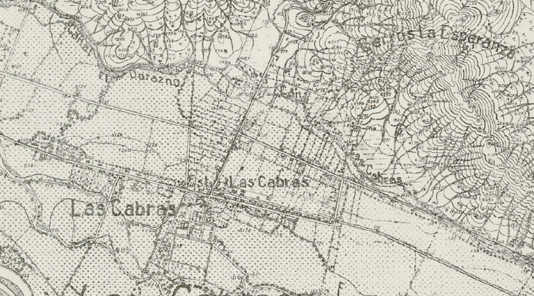 Parte del Mapa elaborado por el Instituto Geográfico Militar para el año 1928. Se identifican las primeras calles de la actual localidad de Las Cabras, como también la ubicación de la Estación Las Cabras y su línea férrea.